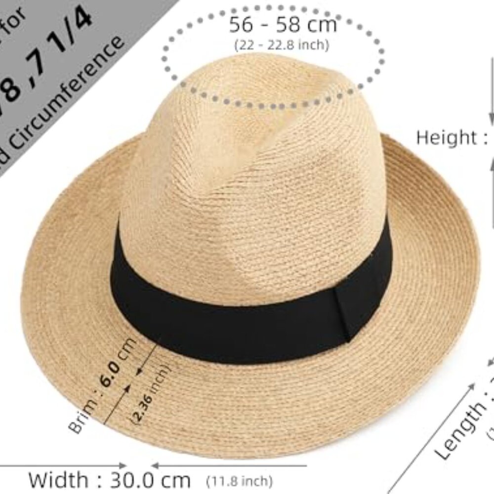 Raffia Straw Fedora Hat Packable Adjustable Class… - image 5